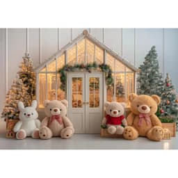 White House With Christmas Tree and Little Bear Photography Backdrop Kids Baby Cake Smash Photocall Studio Backgrounds