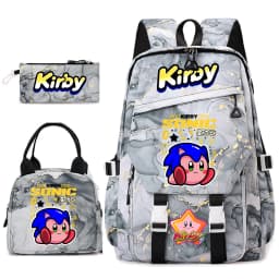 Kirby Cartoon Print Student Backpack Set for Girls with Lunch Bag and Pencil Case School Bookbag Lightweight Daypack