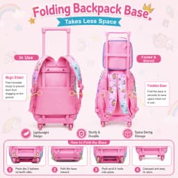 3PCS Rolling Backpack for Girls Kids Roller Wheels Bookbag with Lunch Bag Pink Unicorn Glow-in-the-dark Function