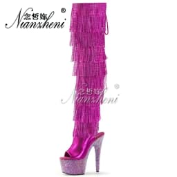 Gold Gothic Stripper Heels Over The Knee Boots 7Inch Fringe Rhinestone High Heels Exotic Dancer 17cm Over The Knee Boots Catwalk