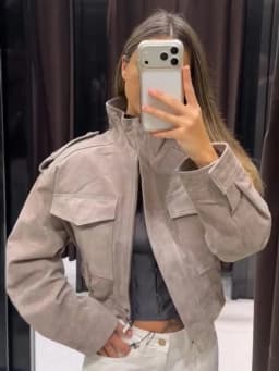 Women's Suede Bomber Jacket Loose Stand Collar Zipper Long Sleeve Elastic Hem Solid Cropped Jackets 2026 Autumn Lady Street Coat