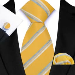 3Pcs Men's Yellow Color Stripes Plaid Solid Ties Pocket Square Cufflinks Wedding Prom Accessories 8cm Cravat Gift for Men
