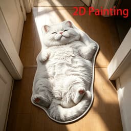 VIKAMA Lying Fluffy White Cat Shaped Doormat 2D Painting Flannel Non Slip Waterproof Floor Mat Bedroom Animal Decor Rug