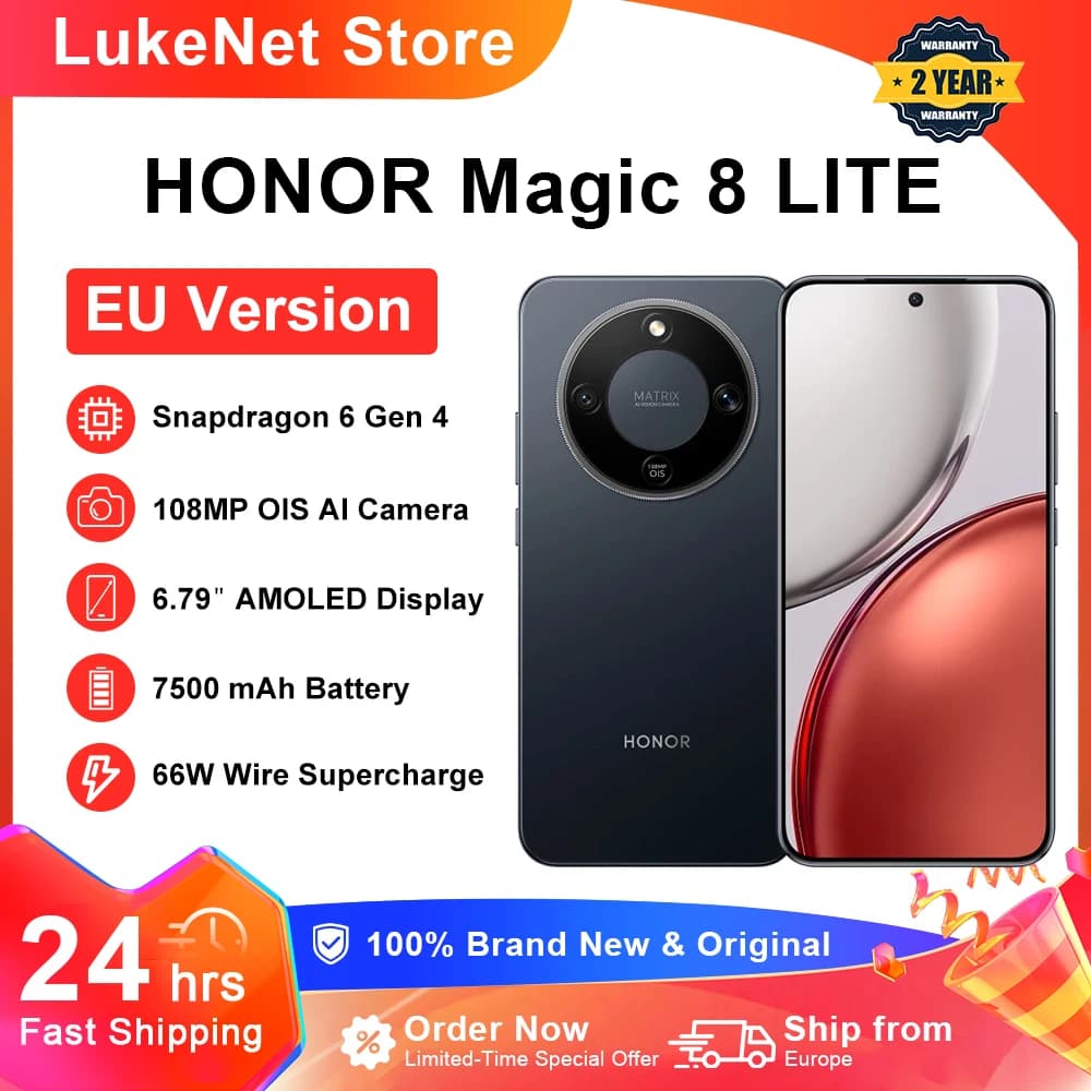 HONOR Magic 8 Lite EU Version 5G Smartphone Snapdragon 6 Gen4 2.5m Drop-Resistant IP69K Dust-Resistant 7500mAh 108MP OIS AI ESIM