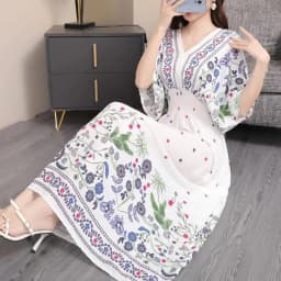 n Long Print Dr V-Ne Slimming Cotton Silk Beachwear Casual High Waist Summer Women's Loose Fit Overhead Dr