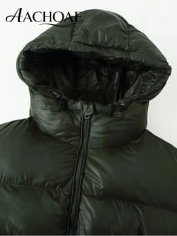AACHOAE Women Shiny Hooded Puffer Jacket Zip Up Padded Coat with Zipper Pockets Drawstring Hem Loose Fit Warm Winter Outerwear