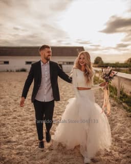Customized  Two-Piece Bohemian Jersey Wedding Dress Long Sleeves Dropped Waistline Ruffled Tulle Exquisite Casual Bridal Dress