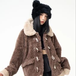 Chic Brown Women Shearling Jacket Toggle Button Coat Contrast Collar Loose Cozy Preppy Streetwear Winter Outerwear Top