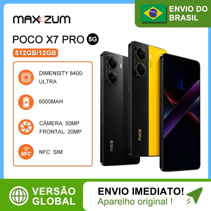 Poco X7 PRO 5G 512GB E 12GB RAM, Smartphone Processador Dimensity 8400-Ultra, Câmera 50MP, Bateria 6000Mah