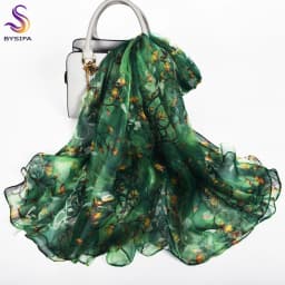 [BYSIFA] Emerald Green Women Long 100% Silk Scarf Printed Chinese Style Water Ink Painting Brand Oblong Silk Shawl Scarves 170cm