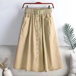 2025 Spring Summer Women Washed Cotton Elastic High-waist Skirt Pocket Belt Solid Long A-line Skirts Split Hem All-match Skirts