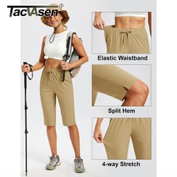 TACVASEN Womens Quick Dry Hiking Capris 4-Way Stretch Knee Length Pants Elastic Drawstring Waist Split Hem Cropped Trousers