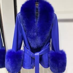 YOLOAgain Real Fox Fur Collar Genuine Leather Jacket Women