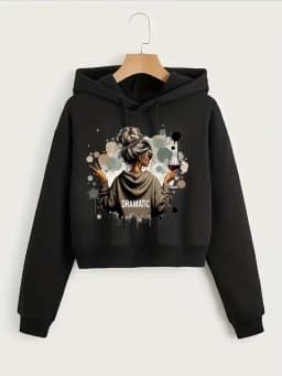 Vintage Dramatic Lady Print Autumn Winter Cropped Sweatshirt Crop Top Hoodie Y2k Sweatshirts Gothic Casual Style Clothes