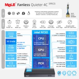 MeLE SE Grade Quieter 4C Fanless Mini PC N150 8GB 128GB Windows 11 Pro USB-C PD3.0,Triple 4K Display, 0dB Silent, Compact Design