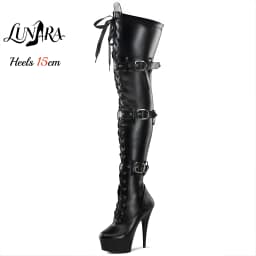 15cm/6Inch Black Patent Platform High Heel Thigh High Boots Lace-Up Buckle Zipper Non-slip Gothic Performance Pole Dance Ladies