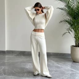 Wolfeel Women's Knitted Three Piece Ribbed Sleeveless Crop Top Long Sleeved and Long Pants Set Suitable for Casual Daily Wear