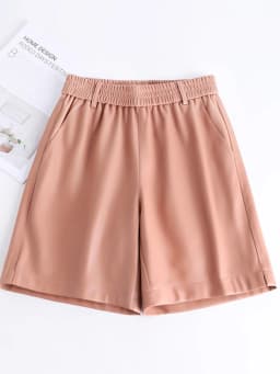 Fashionable Stylish 100% Leather Five-Point Pants For Women Femme Elastic Waist Wide Leg Shorts With Pocket