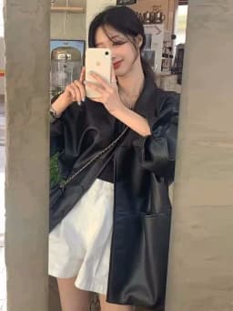 Black Lapel Leather Jacket Women's Loose Fit Retro Stylish Short Outerwear for Small Figures Autumn Winter Fashionable Coat