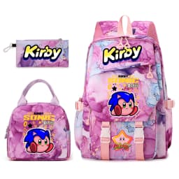 Kirby Cartoon Print Student Backpack Set for Girls with Lunch Bag and Pencil Case School Bookbag Lightweight Daypack