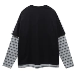 Retro patchwork color blocking casual loose print fake two-piece design sense round neck long sleeved T-shirt for men and women