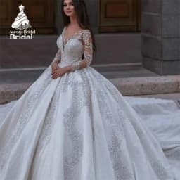 Aurora Customized Exquisite Luxury V Neck llusion Full Sleeves Wedding Dress Train Off Shoulder Beaded Appliqued Bridal Gown