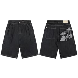 Masked Goddess Embroidered Flowered Jens Shorts for Men and Women High Street Washed Baggy Casual Five Point Denim Pants