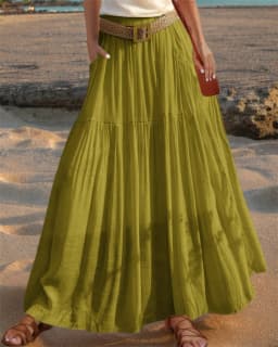 2026 Belted Hem A-line Solid Color Elastic Waist Skirt Women's Summer New Beach Vacation Commuting Camping All-match Long Skirt
