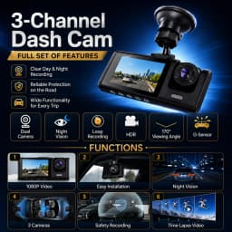 3 Channel Dash Cam 1080P Front Rear Inside Camera 170 Degree Wide Angle Night Vision Loop Recording G-Sensor Rear Camera Car DVR