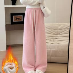 Drawstring High Waist Plush Pants For Women Winter Fleece Straight Wide Leg Casual Pants Woman Loose Thicken Warm Trousers Mujer