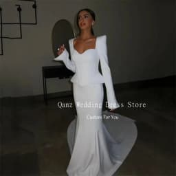 Qanz White Sheath Wedding Dresses Sweetheart Satin Long Sleeves Vestidos De Novia Boda Mermaid Corset Bridal Gowns Customized