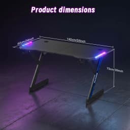 Gaming Desk with RGB LED Lights, Carbon Fiber Surface Gaming Table, Y‑Shaped Game Computer Desk with Cup Holder & Headphone Hook, Adjustable Leveling Feet for Home Office Gaming Room