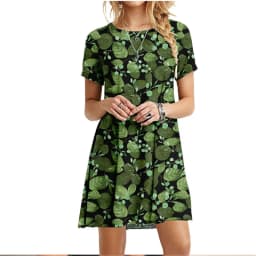 3D Green Leaves Floral Printed Mini Dress For Women 2022 Summer Loose Oversized Casual Short Sleeve O-Neck A-Line Dress Sundress