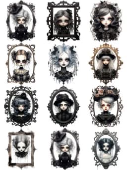 12Pcs/Pack Gothic Black Dress Doll Sticker DIY Craft Scrapbooking Album Junk Journal Decorative Stickers