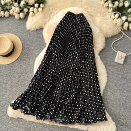 Korean Style Polka Dot Print Pleated A-line Long Skirts Women 2026 Spring Summer High Waist Casual Skirt