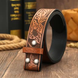 Men Western Pattern Embossed Belt Blank Strap, No Buckle Retro Cowboy Pu Leather Belt Replacement Strap
