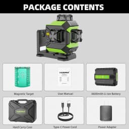 Huepar 703CG 360° Cross Line Laser Level 12 Lines Self-leveling 3D Green Beam Level Pulse Mode Adjust Bright Alignment Tools