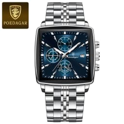 POEDAGAR Fashion Square Men Clock Luminous Waterproof Chronograph Date Men's Watches Stainless Steel Quartz Man Wristwatch Reloj