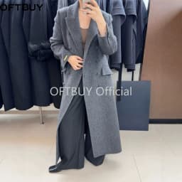 OFTBUY Women's Long Wool Coat Double Breasted Belted Waist Woolen Clothing Female Winter Warm Elegant Trench Style Outerwear