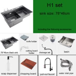 High and Low Kitchen Sink With Knife Holder Cutting Board Rack Stainless Steel Pia Matte Black Sink Vegetable Washing Basin