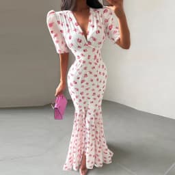 Elegant Women's Floral Printed Dress Slim V Neck Short Sleeve Waist Cinching Long Fishtail Dresses 2026 Summer Lady Party Robes