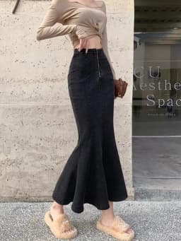 2026 Solid Slimming High Waist Midi A- Line Skirt Woman Trumpet Sides for Women Denim Half-length Skirt with Flounce
