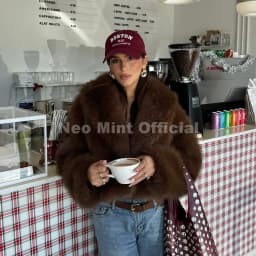 Neo Mint Winter 2025 Trendy Brown Obsession Cropped Shawl Collar Faux Fur Coat Women Jacket Chic Girls Brand Fox Fur Outerwear