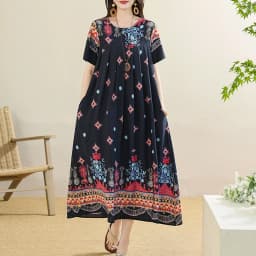 New 2025 Summer Dress For Women Plus Size Dress Casual Short Sleeve Boho Vintage Print Long Maxi Dress Beach Women Clothing