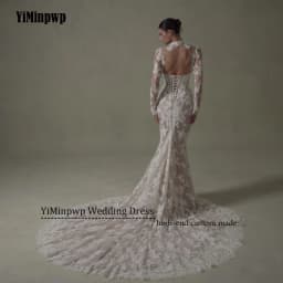 Ivory Lace Mermaid Wedding Dresses for Bride Removable High Neck Long Sleeve Backless Garden Beach Bridal Gown Customized