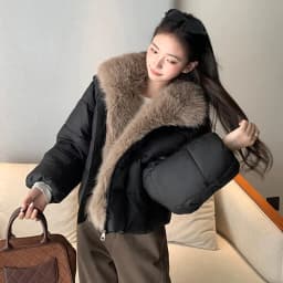Korean Women's Short Puffer Jacket with Large Fur Collar Women Loose Thick Padded Cotton Coats Female Solid Casual Zipper Parkas