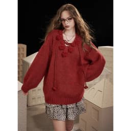 ELFSACK Y2K Design Loose Solid 3D Rose Drawstring Tie Sweater For Women