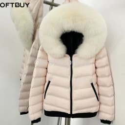 OFTBUY Quilted Zipper Pockets Women Short Down Jacket Goose Down Coat with Real Fox Fur Hood New Winter Puffer Coat Female