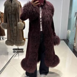 YOLOAgain Real Mongolia Sheep Fur Jacket Long Dark Brown Suede Coat Women