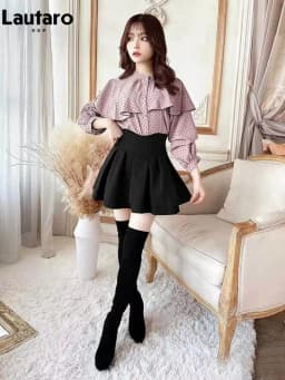 Lautaro Spring Summer Short Black Sweet Cute Kawaii Tiered Mini Skirt Women High Waist Cutecore Clothing Japanese Style Fashio